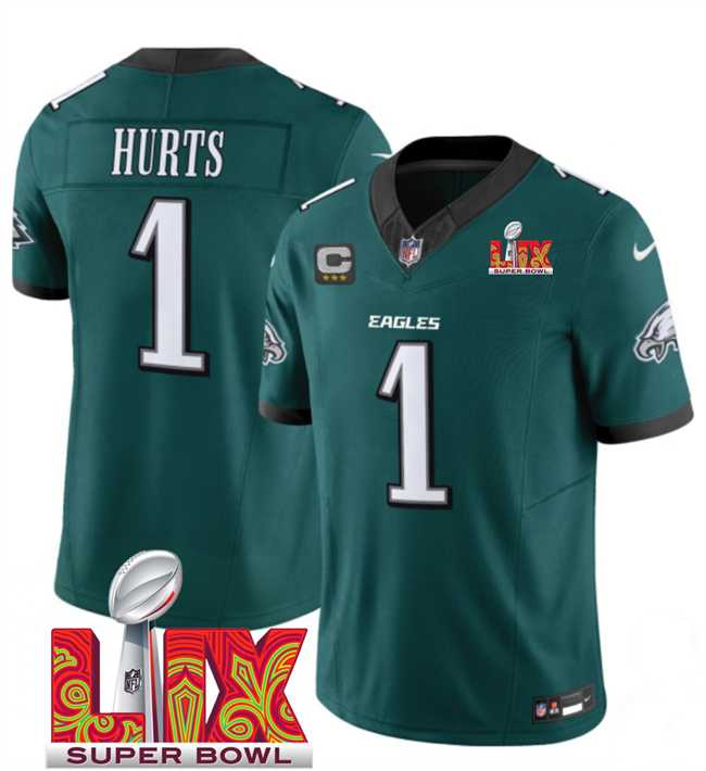 Men & Women & Youth Philadelphia Eagles #1 Jalen Hurts Green 2025 Super Bowl LIX Patch With 3-Star C Patch New F.U.S.E. Vapor Untouchable Limited Stitched Jersey
